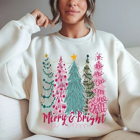 Merry & Bright Christmas Tree Sweatshirt Holiday Graphic Pullover Festive Winter Crewneck Gift for Her or Him | Walmart (US)
