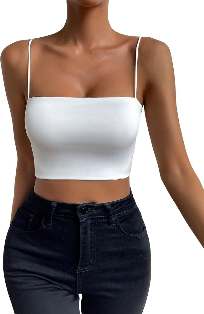 WDIRARA Women's Spaghetti Strap Solid Crop Cami Top Sleeveless Basic Cami Tank Tops | Amazon (US)