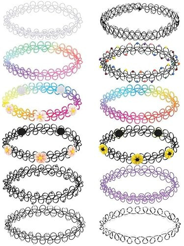 BodyJ4You 12PC Tattoo Choker Necklace for Women - 90s Choker Necklaces Y2K Fashion Trendy Vintage - Pride Rainbow Choker Clear Black Purple Pink Daisy Flower - Stretchy Elastic Chokers Neck Lace | Amazon (US)