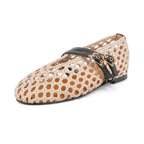 Women's Woven Mary Jane Flats - Mesh Ballet Flats with Adjustable Double Metal Buckle Strap and R... | Amazon (US)
