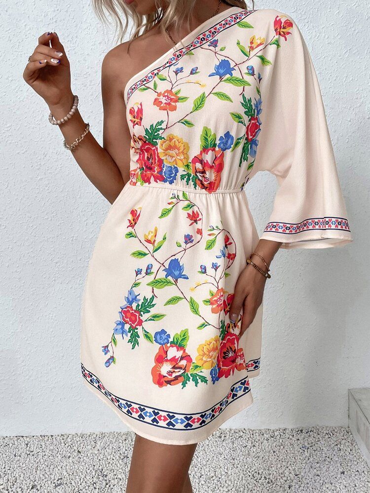 SHEIN VCAY Floral Print One Shoulder Dress | SHEIN