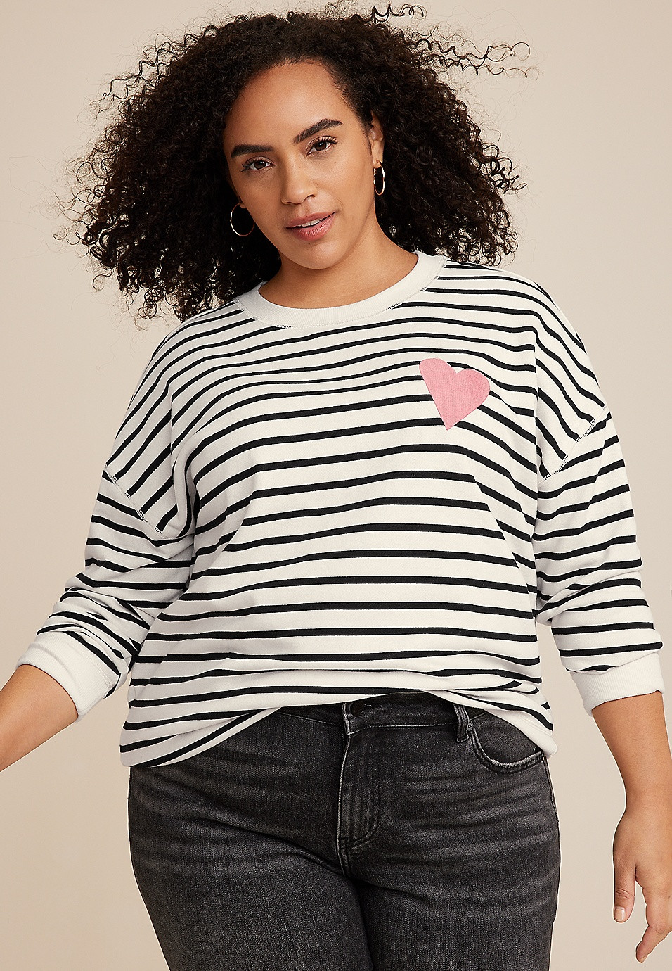 Plus Size Striped Heart Embroidered Sweatshirt | Maurices