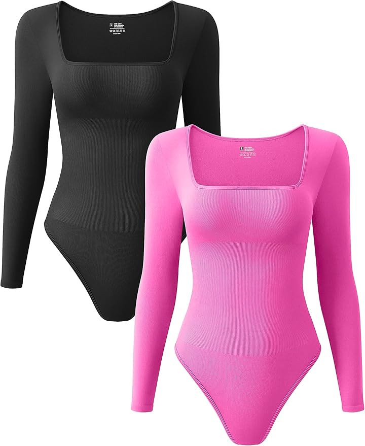 OQQ Women's 2 Piece Bodysuits Sexy Ribbed One Piece Square Neck Long Sleeve Tops | Amazon (US)