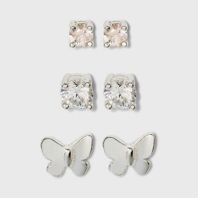 Sterling Silver Cubic Zirconia and Butterfly Stud Earring Set 3pc - A New Day&#8482; Silver | Target