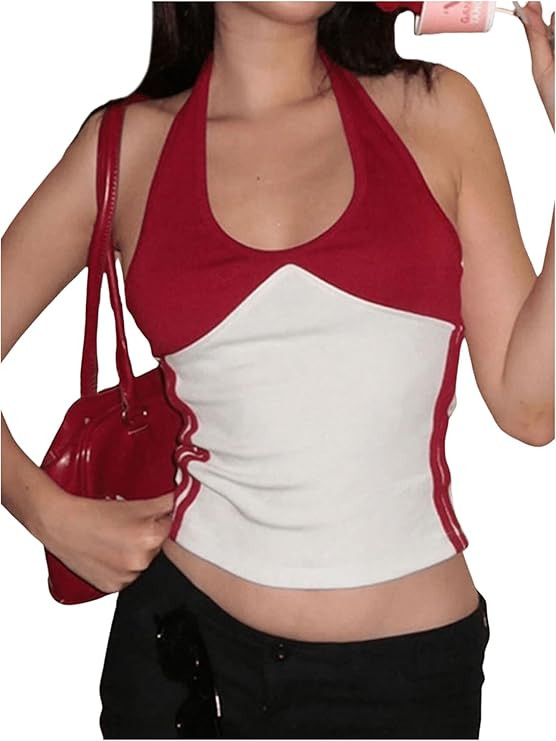MakeMeChic Women's Color Block Sleeveless Halter Top Scoop Neck Y2K Summer Crop Tops | Amazon (US)