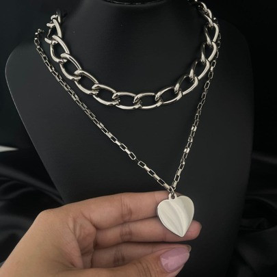 Colar semi joia coração liso corrente níquel prateada dupla verniz italiano | SHEIN