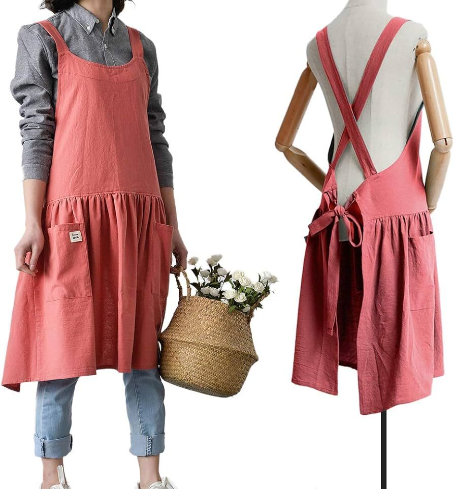 NEWGEM Cotton Linen Cross Back Apron for Women with Pockets for Painting Cleaning Grapefruit Red ... | Amazon (US)