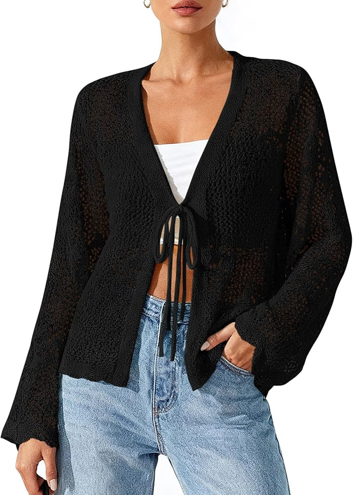 BTFBM Summer Cardigans for Women Lightweight 2026 Spring Crochet Hollow Out Long Sleeve Tie Front... | Amazon (US)