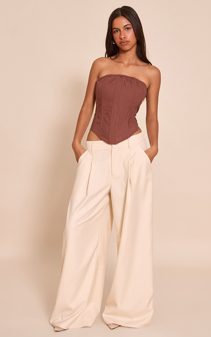 Petite Ecru Woven Double Pleat Wide Leg Trouser | Petite | PrettyLittleThing UK