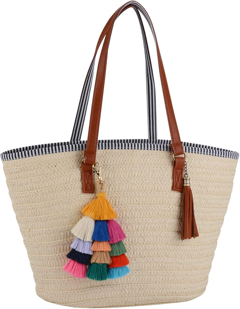 Straw Bags Beach Bags Pompom Shoulder Bags Summer Woven Bags Tassel Bags | Amazon (US)