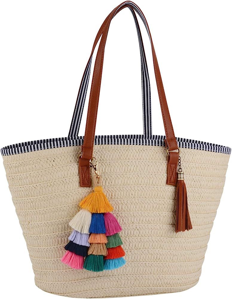 Straw Bags Beach Bags Pompom Shoulder Bags Summer Woven Bags Tassel Bags | Amazon (US)