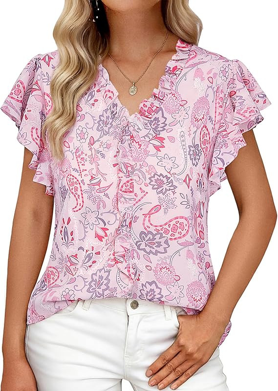 GRACE KARIN 2026 Boho Tops for Women Dressy Casual,Ruffle Sleeve Chiffon Blouses Floral Shirts,V ... | Amazon (US)