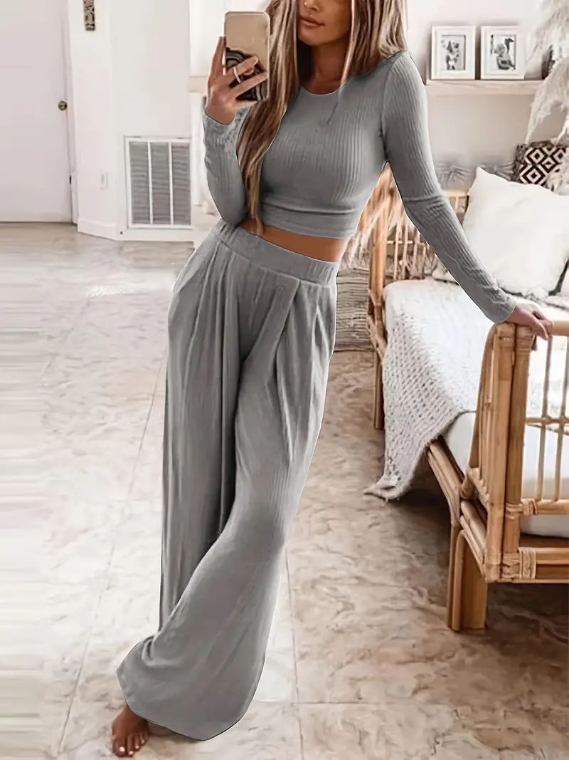 Casual Solid Two-piece Set, Crew Neck Long Sleeve Top & Wide Leg Pants Outfits, Women's Clothing | Temu Affiliate Program