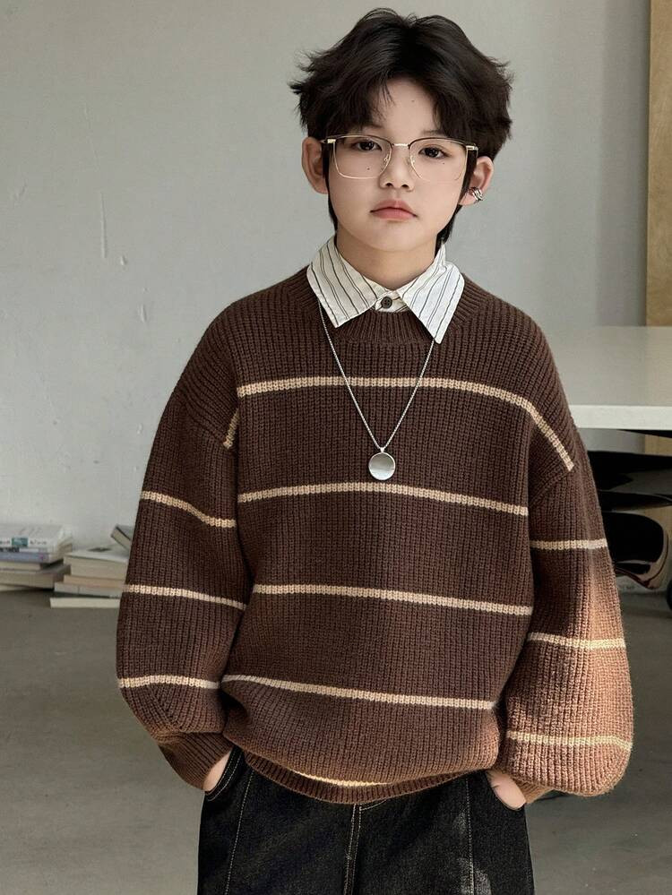 DAZY Tween Boy Casual Colorblock Striped Drop Shoulder Sweater, Autumn/Winter | SHEIN