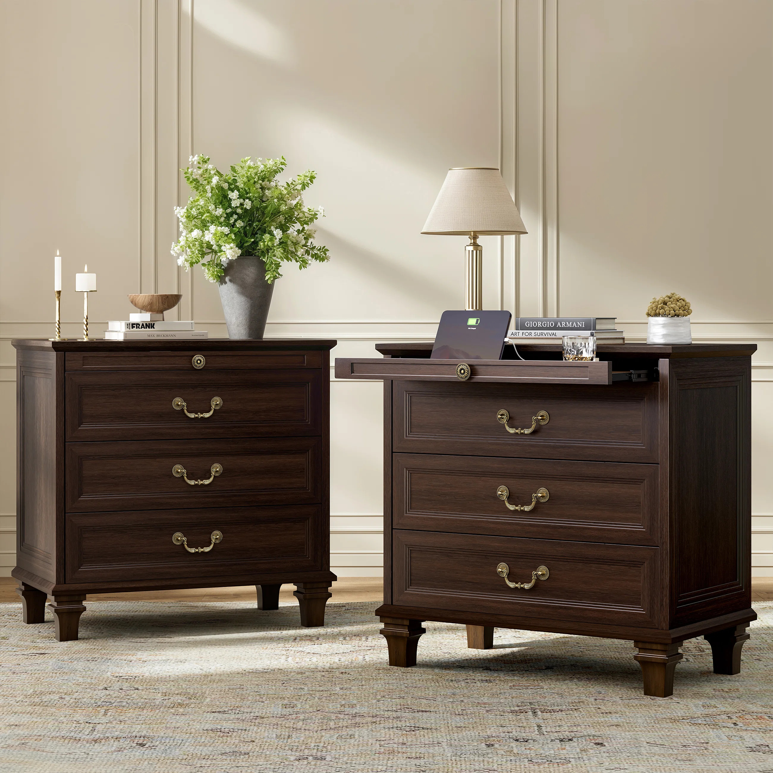 Transitional 27.5" 3-drawer Nightstand With Hidden Outlets, Pull-out Shelf & Elegant Solid Wood Legs | Wayfair North America