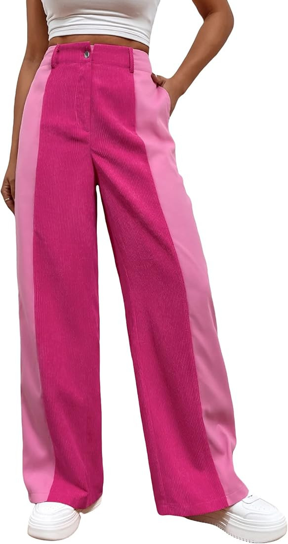 WDIRARA Women's High Waisted Color Block Straight Leg Casual Loose Pants with Pocket | Amazon (US)