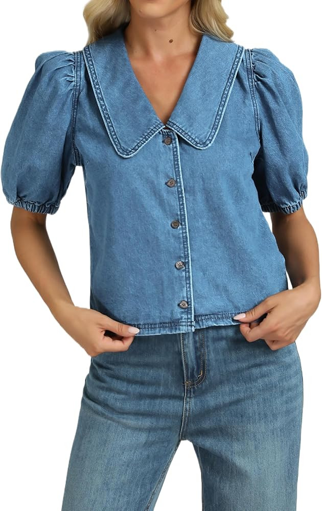 Womens Denim Shirts Button Down Collar Puff Short Sleeve Casual Lightweight Summer Jean Shirt Top... | Amazon (US)