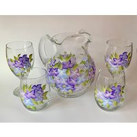 Hydrangeas Glass Pitcher Set, Painted Wine Glasses, Goblet Step Mom Gift, Lemonade Pitcher, Water Godmother Sangria Set | Etsy (US)