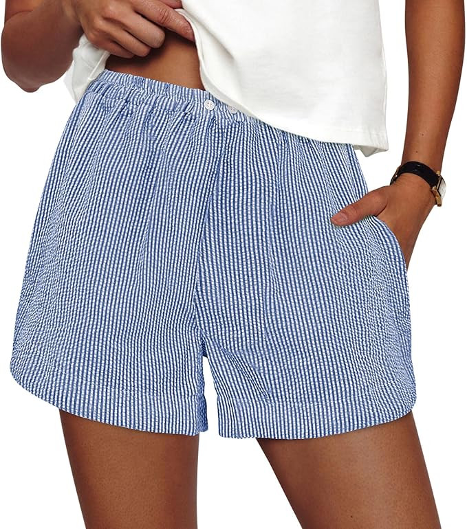 PRETTYGARDEN Women's Striped Boxer Shorts Summer 2026 Trendy Casual Elastic Waist Lounge Sleep Pa... | Amazon (US)