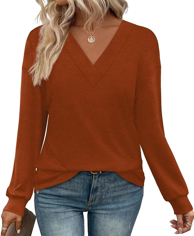 WIHOLL Long Sleeve Shirts for Women V Neck Tops Tunic Fall Winter Sweatshirts 2025 Clothes | Amazon (US)