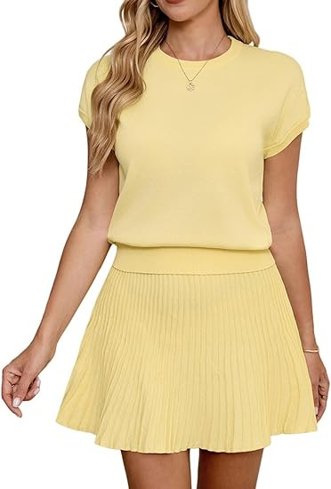 Womens 2 Piece Outfits Short Sleeve Summer Crewneck Knit Tops and Mini Pleated Skirt Travel Match... | Amazon (US)