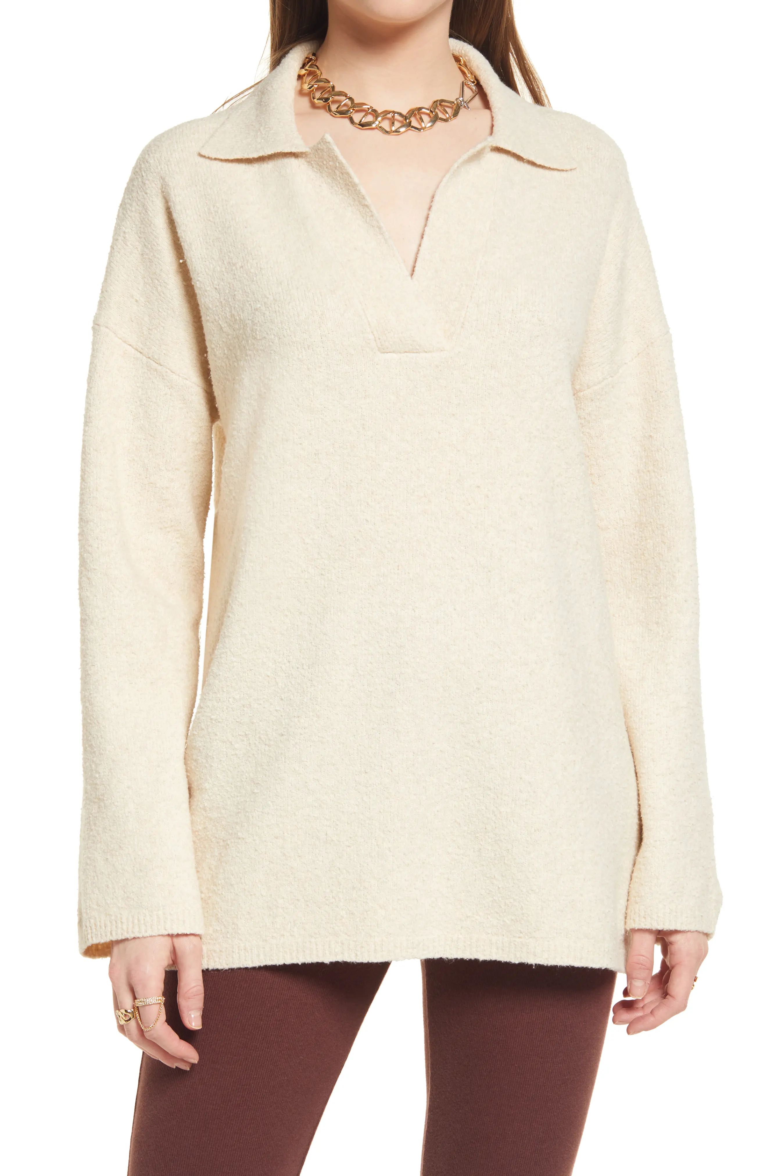 Open Edit Oversize Polo Sweater in Beige Oatmeal Light Heather at Nordstrom, Size Large | Nordstrom
