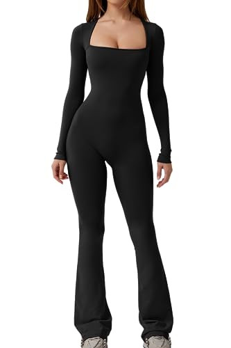 QINSEN Long Sleeve Jumpsuits for Women Square Neck Wide Leg Full Length Romper Playsuit Black XL | Amazon (US)