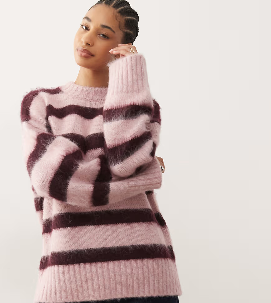 Monki oversized fluffy stripe sweater in raspberry stripe-pink | ASOS (Global)