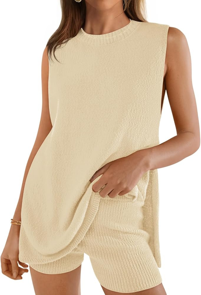 ZESICA Women's Summer Two Piece Knit Outfits 2024 Casual Trendy Tank and Shorts Lounge Sets | Amazon (US)