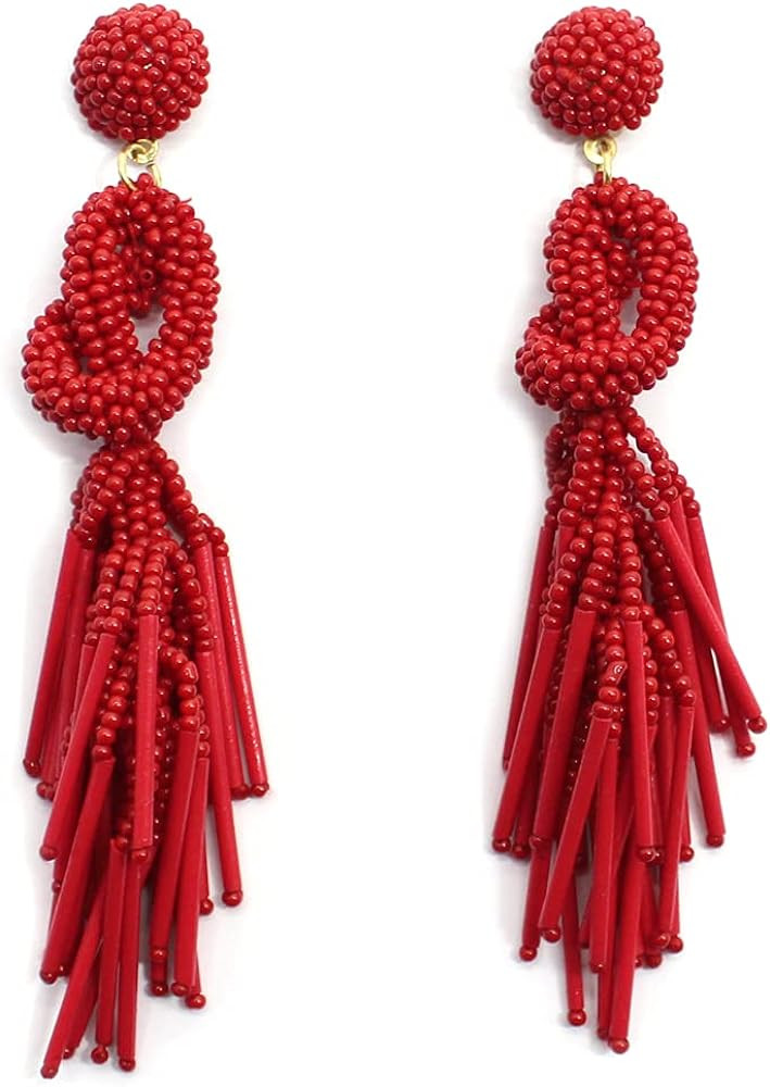 Handmade Beaded Solid Color Post Statement Earrings for Women All Season 4 inch Long | Amazon (US)