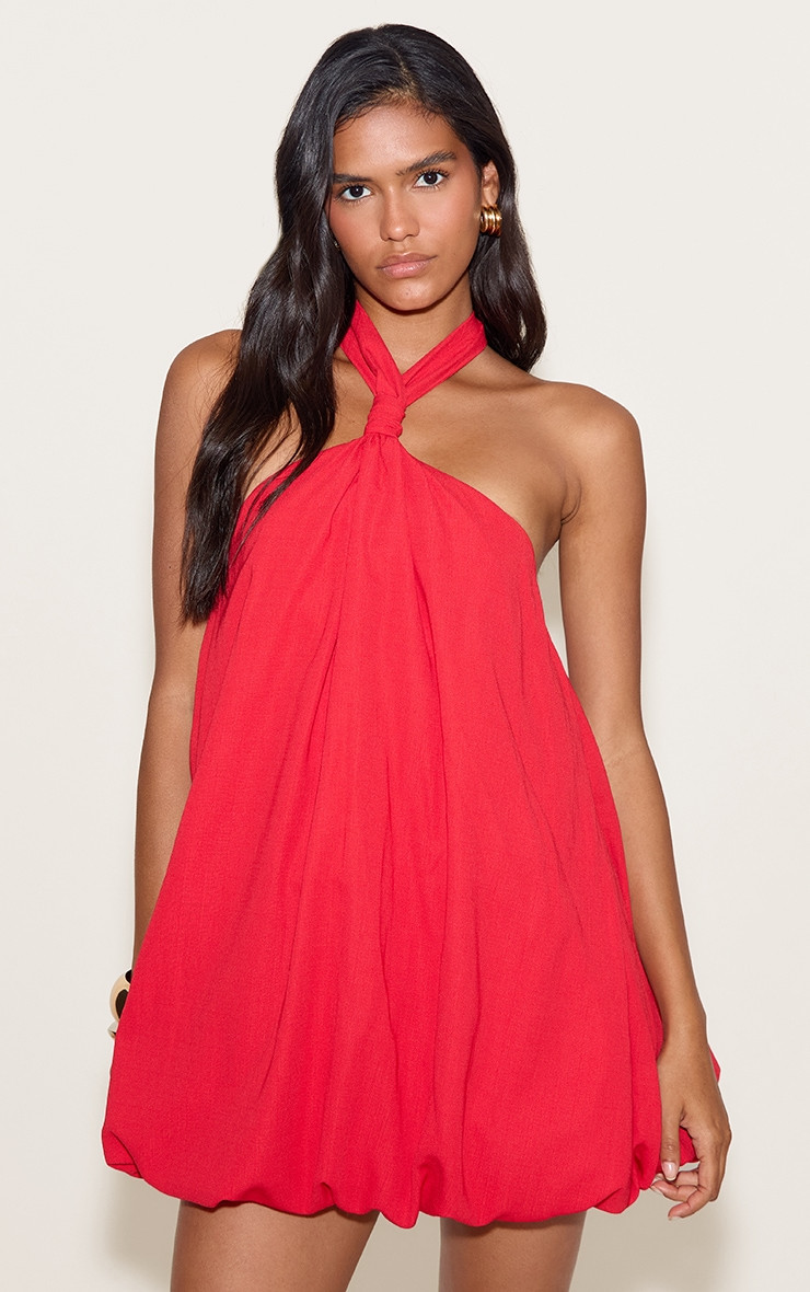 Red Halterneck Puffball Mini Dress | PrettyLittleThing US