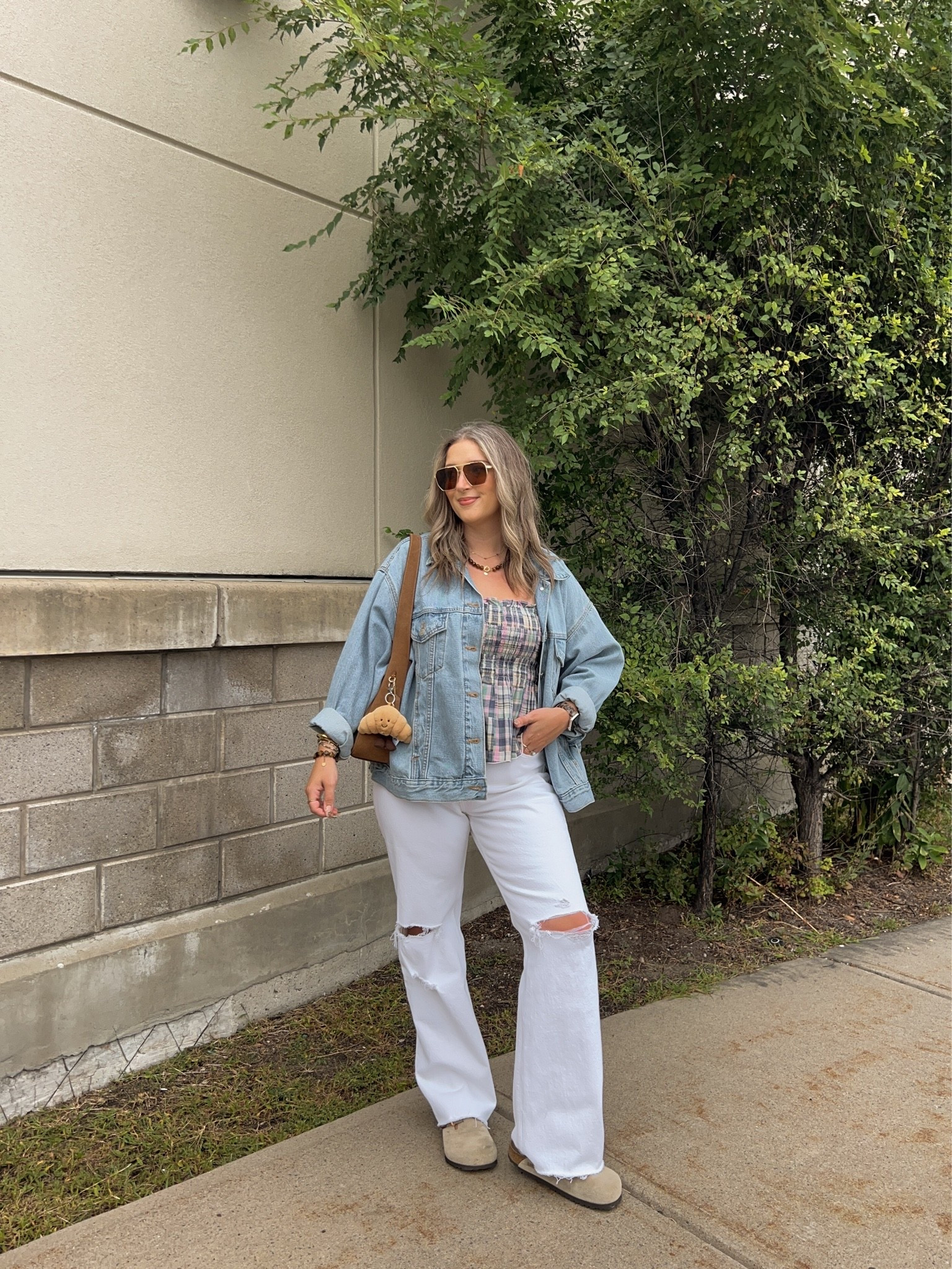 Fall outfit! Wearing 30 in the jeans, L in the plaid tank top, sized up to XL in the denim jacket for an oversized fit. I’m a 9.5-10 shoe and wear a 40 in the Birkenstock clogs

#LTKfall #LTKsale #LTKmidsize
