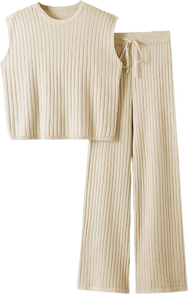 Dqbeng Women's 2 Piece Outfits Sweater Sets Knit Sleeveless Pullover Tops High Waist Pants Lounge... | Amazon (US)