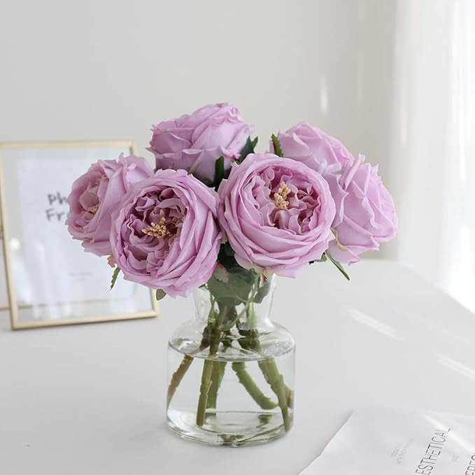 Fake Austin Rose Peonies Flowers with Vase, Clear Glass Vase with Purple Real Touch Peonies Artif... | Amazon (US)