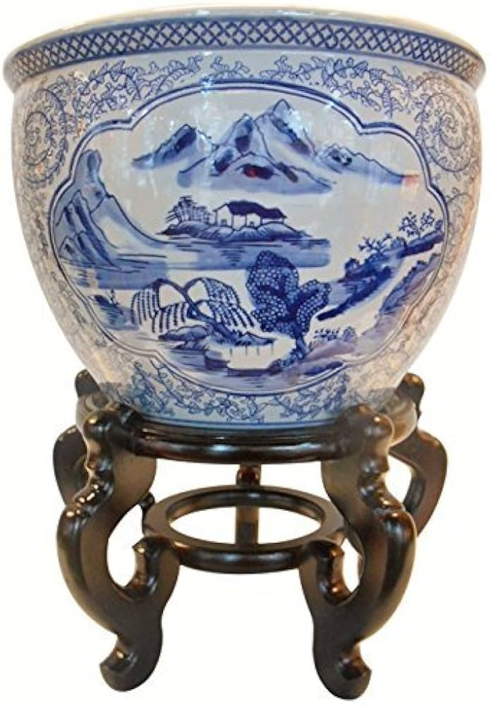 Oriental Furnishings Landscape Painted Porcelain Garden Pot, Blue/White, 8 Inch | Amazon (US)