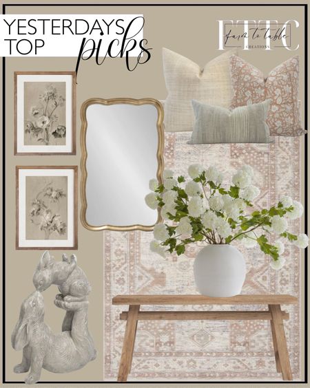 Yesterday’s Top Picks. Follow @farmtotablecreations on Instagram for more inspiration.

Antique Neutral Floral Print SET of Two | Vintage Muted Art. Carlisle Ivory Taupe Rug. Milani Solid Wood Bench. Neutral Pillow Cover Combo Modern Pillow Cover Set Warm Neutral Pillow Covers Farmhouse Pillow Cover Combo Sofa Pillow Combo Floral Pillow. Kate and Laurel Hatherleigh Scallop Wooden Vintage Wavy Wall Mirror, 24 x 38, Antique Gold. Newman House Studio Garden Statues Kissing Bunny Sulpture - Garden Décor Rabbit Collectible Figurines Yard Decorations Outdoor. Faux Snowball Flower in Crisp White - 43.5". White Concrete Konos Vase. 

Home Decor.. Spring Decor. Spring Refresh. Gallery Wall. Afloral Spring Stems  

#LTKsalealert #LTKhome #LTKfindsunder50