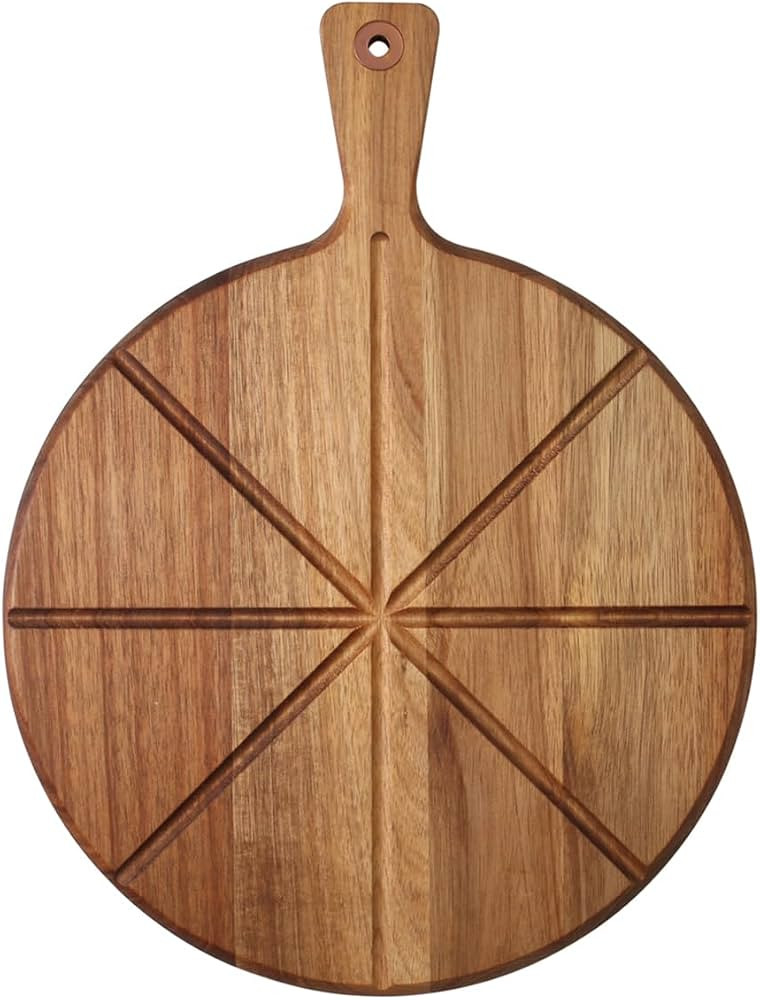 Dexas Acacia Wood Pizza Cutting Board, 14-Inch Round Paddle Board with Built-In Portion Grooves, ... | Amazon (US)