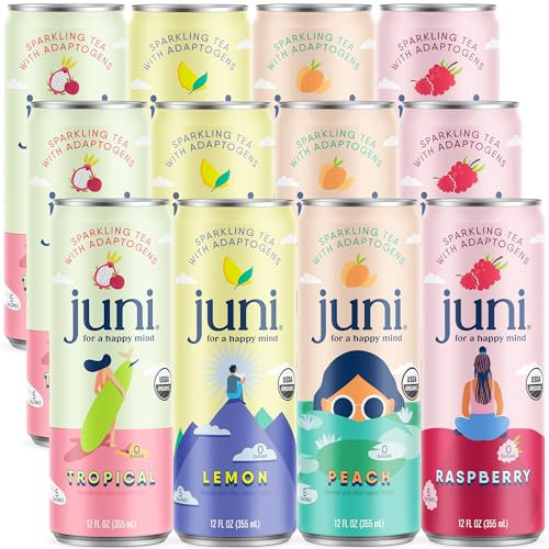 Juni Sparkling Adaptogen Drink with Ashwagandha, Lion’s Mane & Reishi Mushrooms | Green Tea for Focus, Zero Sugar, 5 Calories, Organic | Non Alcoholic Drinks - Variety Pack 12 pack | Amazon (US)