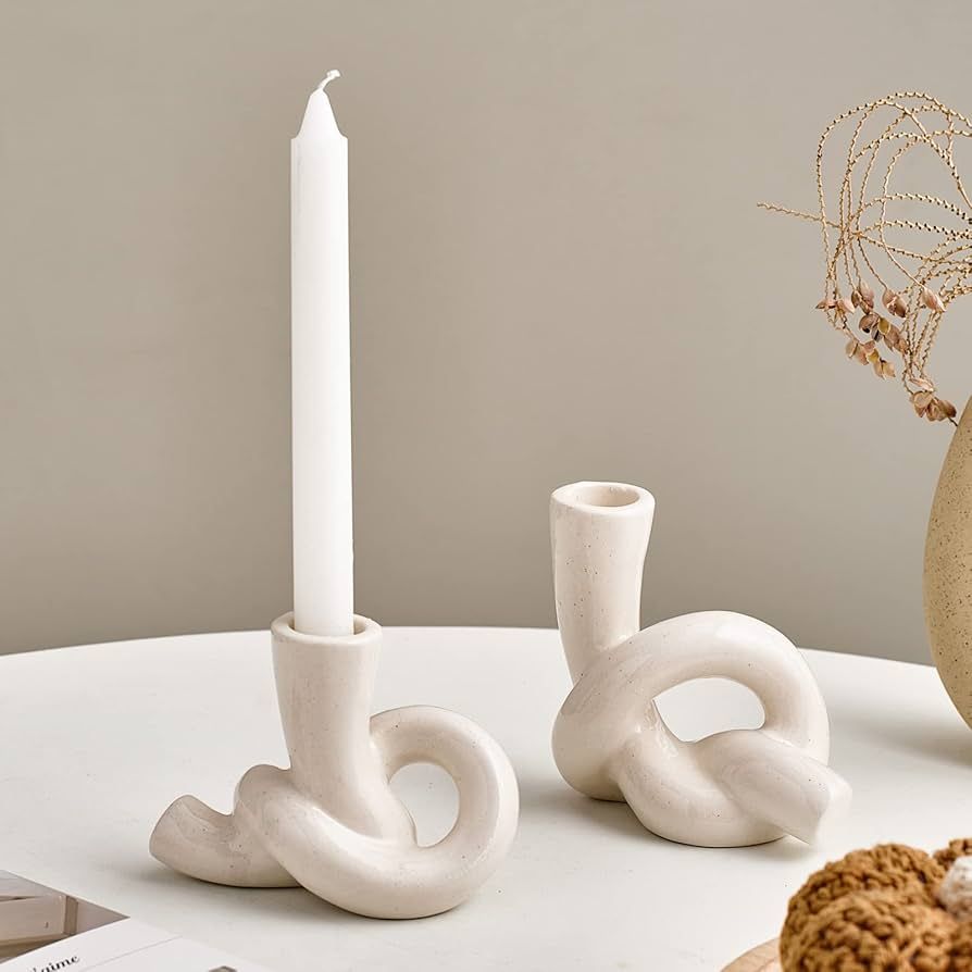 White Candlestick Holders Set: 2Pcs Modern Candle Holder Unique Ceramic Candelabra for Living Roo... | Amazon (US)