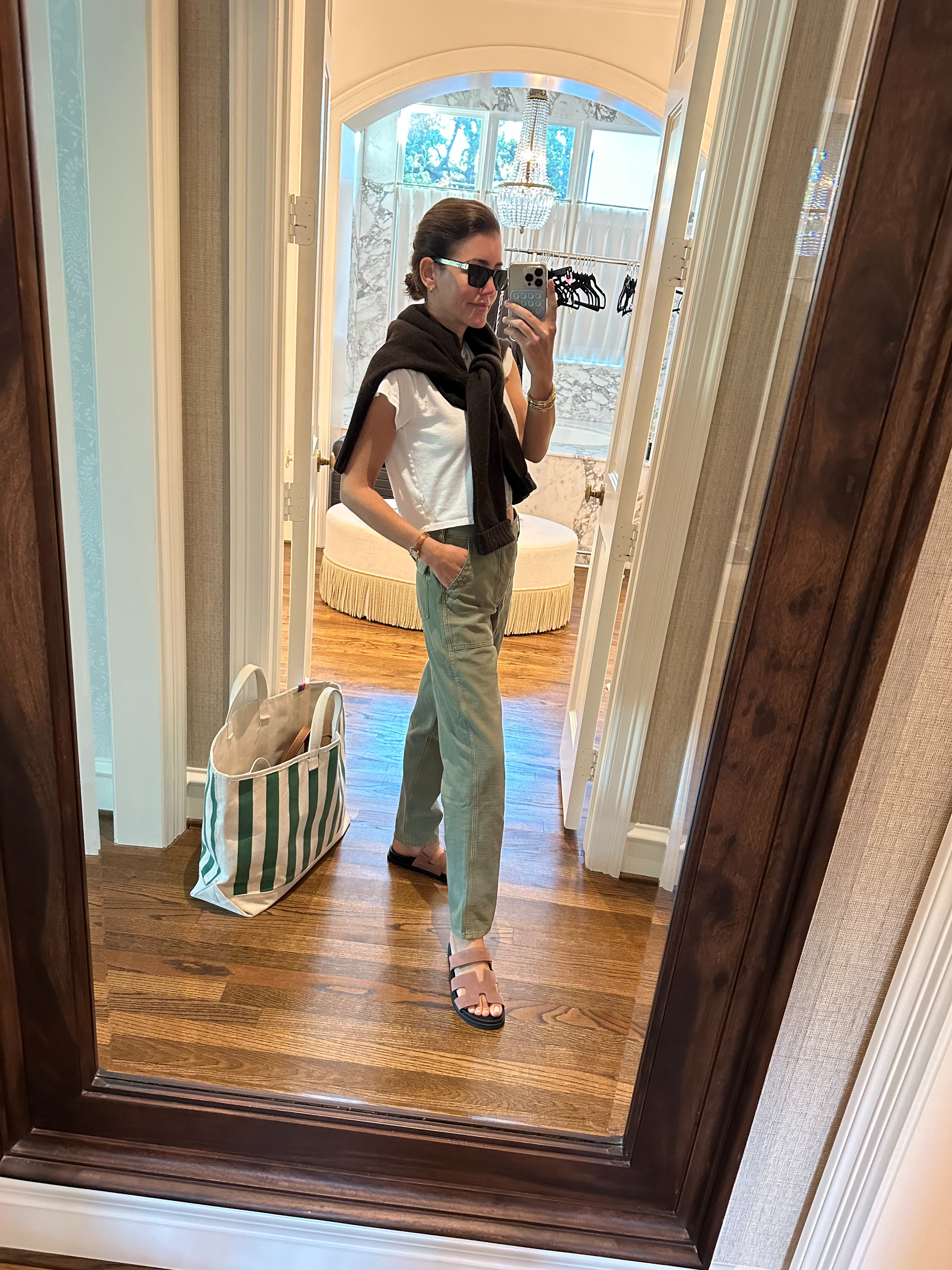 saint laurent sunnies // DL1961 sweater // madewell t-shirt // polo ralph lauren pants // // hermes shoes // kule bag 

 
