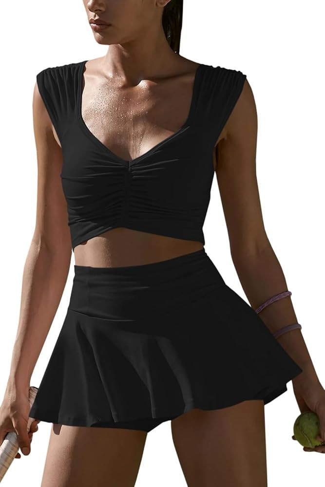 Fisoew Womens 2 Piece Outfits Seamless Workout Crop Tank Tops and Tummy Control Athletic Built-in... | Amazon (US)