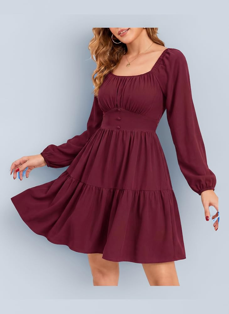 Florboom Damen Kleid Elegant Langarm Eckiger Ausschnitt Minikleid A-Linie Herbst Freizeitkleid mi... | Amazon (DE)