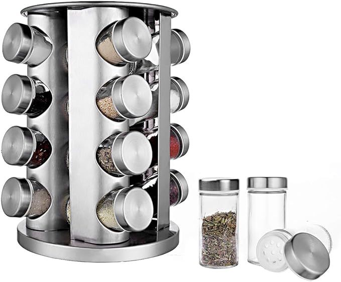 BaoWnylz Stainless Steel Spice Rack, 16 Jar Glass Spice Jars Carousel - Spice Racks Free Standing... | Amazon (UK)