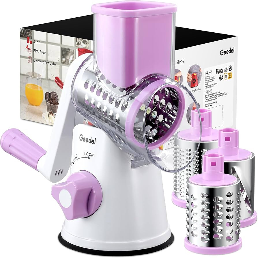 Geedel Rotary Cheese Grater, Kitchen Mandoline Vegetable Slicer with 3 Interchangeable Blades, Ea... | Amazon (US)