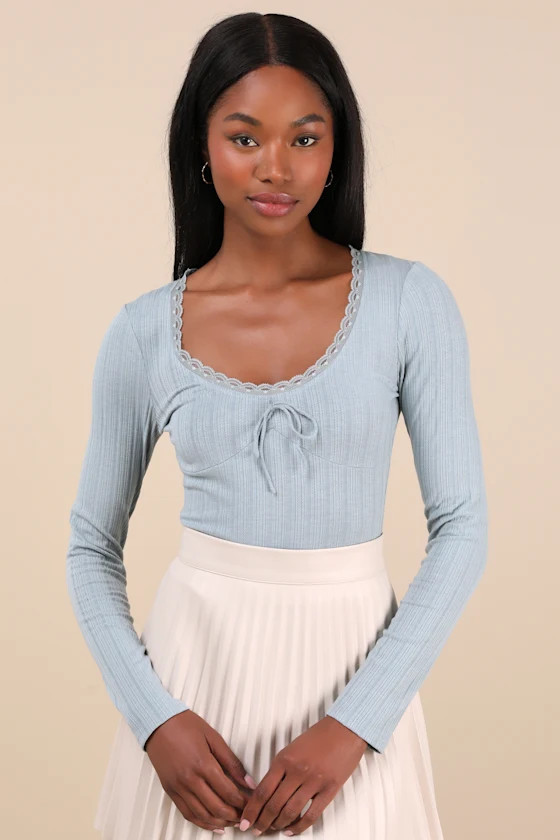 Celise Light Blue Pointelle Knit Long Sleeve Top | Lulus