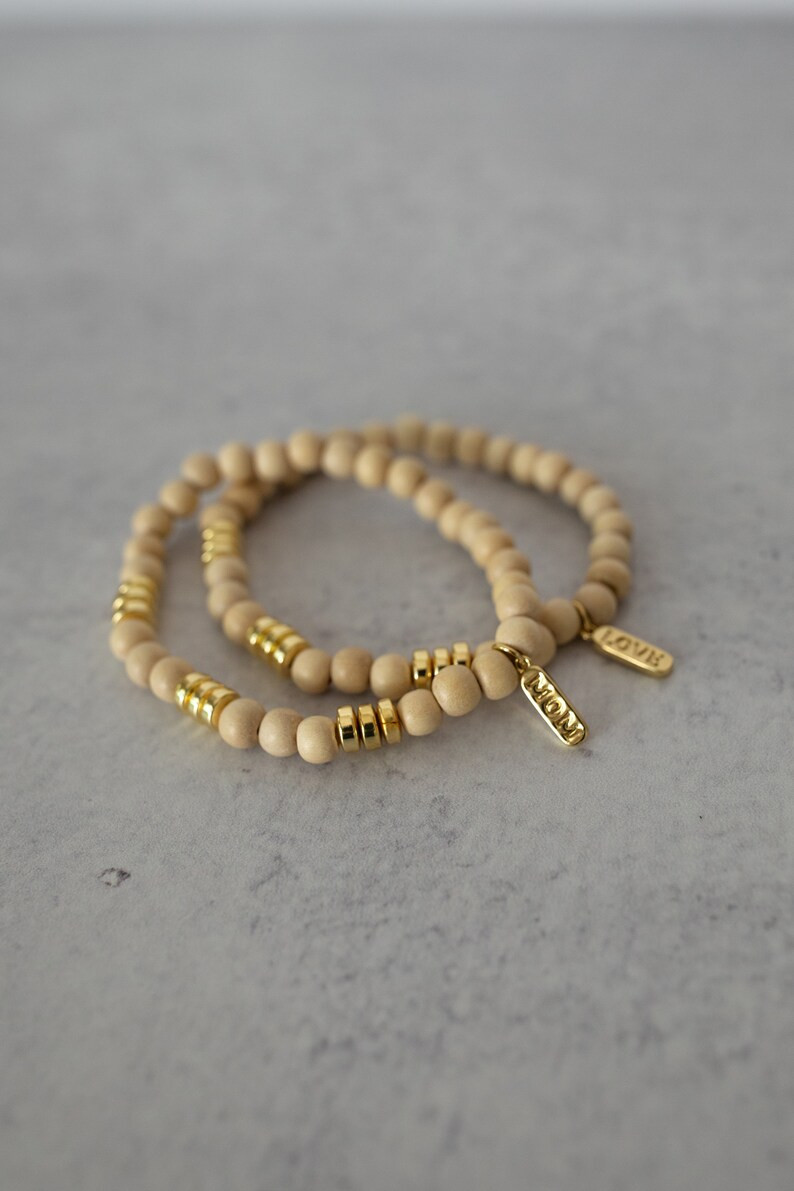 MOM LOVE Wood and Gold Hematite Bead Bracelet Gold Plated | Etsy | Etsy (US)