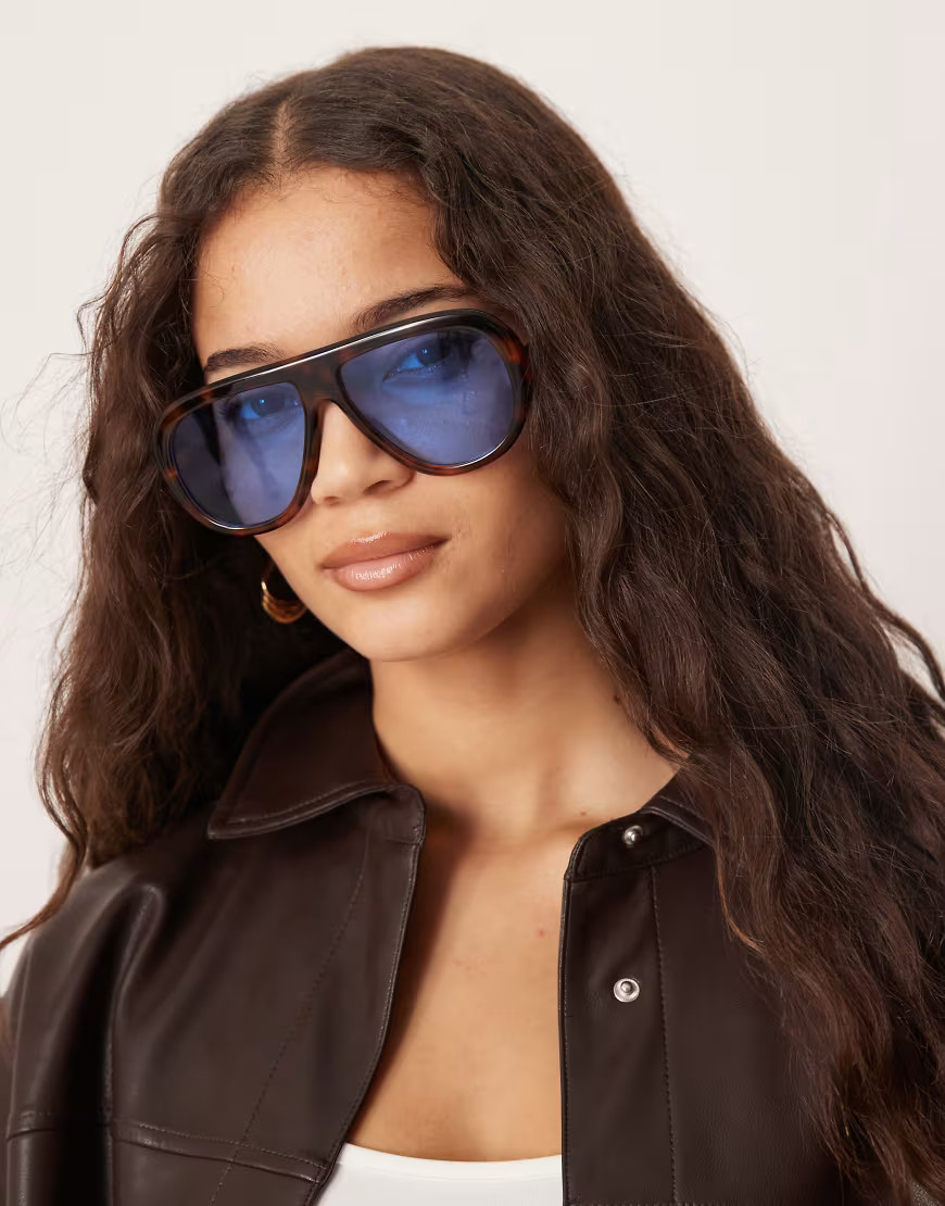 ASOS DESIGN aviator sunglasses with metal arms in brown with blue coloured lens | ASOS (Global)