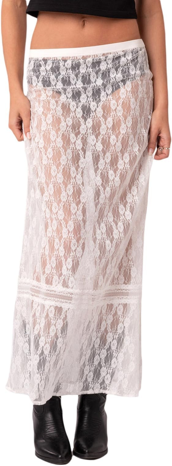 Women Y2k Lace Maxi Skirt Summer Sexy See Through Long Lace Skirt Casual Boho Fairy Grunge Midi L... | Amazon (US)