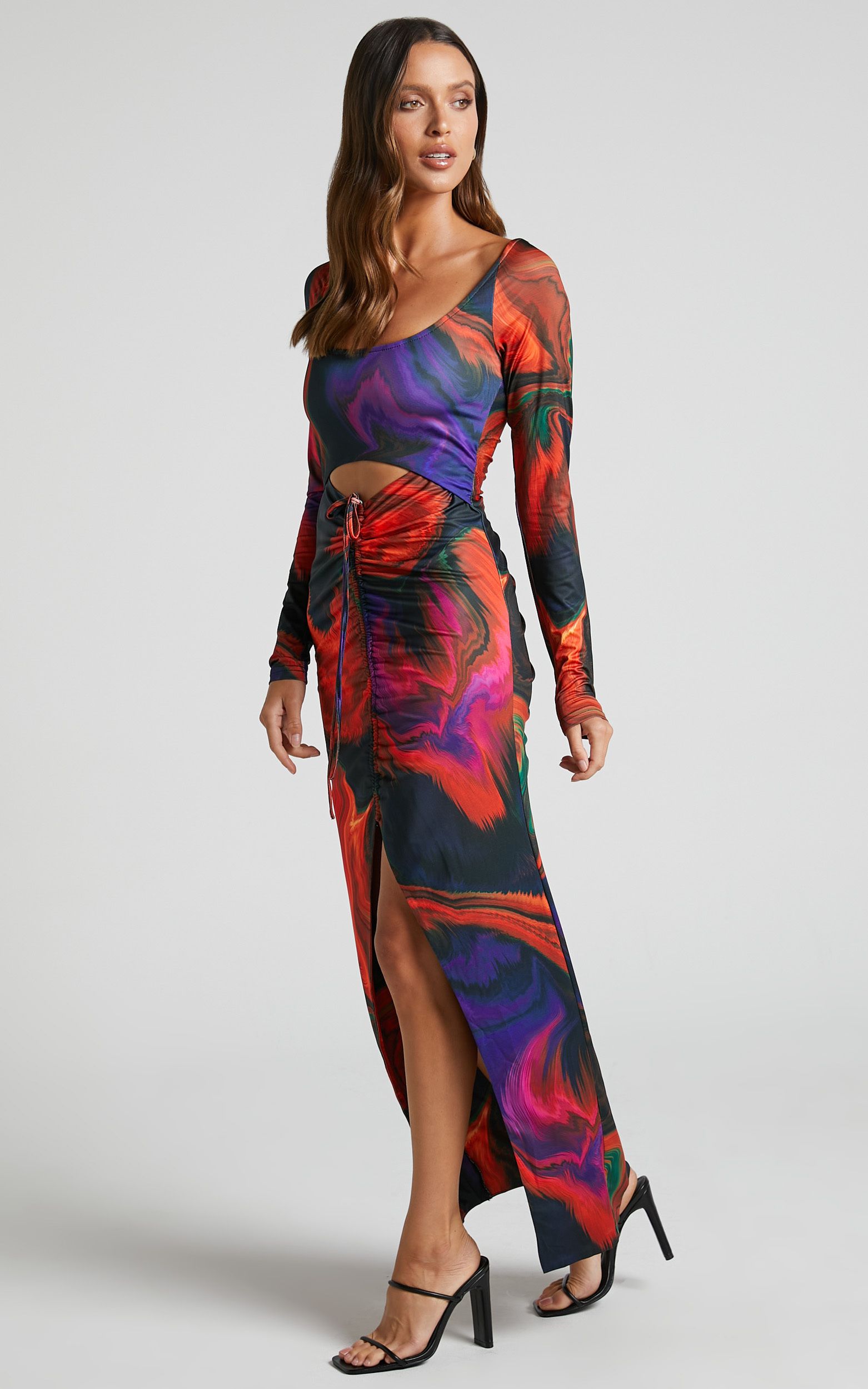 Rhaine Cut Out Ruched Front Split Long Sleeve Maxi Dress in Phoenix Rising | Showpo (US, UK & Europe)