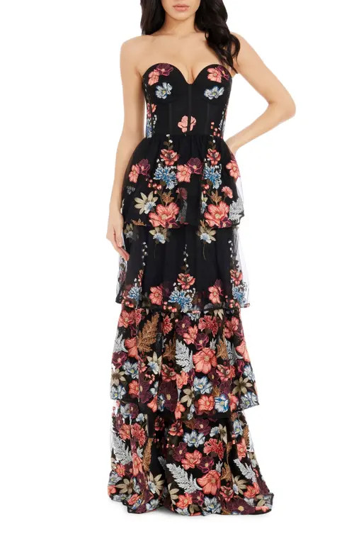 Dress the Population Layana Floral Embroidery Strapless Gown in Canyon Clay Multi at Nordstrom, Size Large | Nordstrom